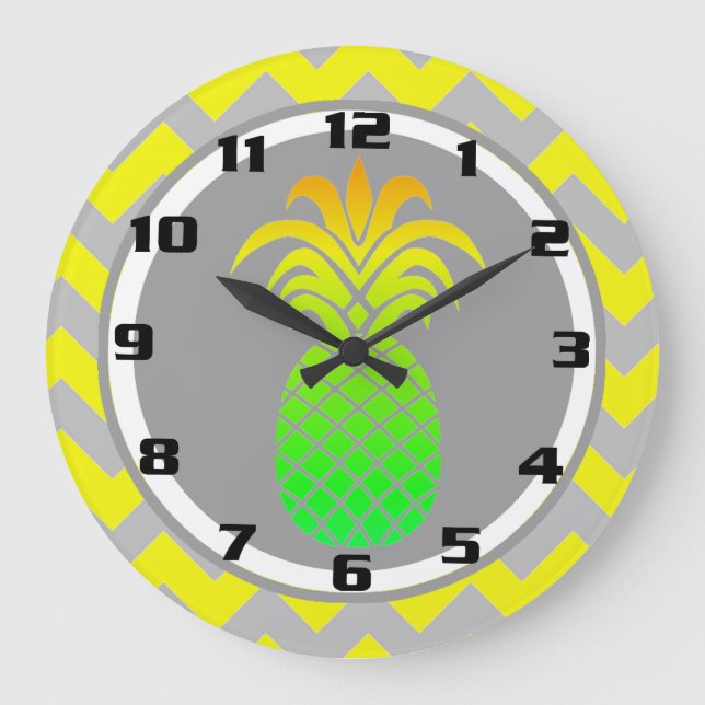 Sunny Yellow and Grey Pineapple on Chevron Pattern Large Clock (Front)