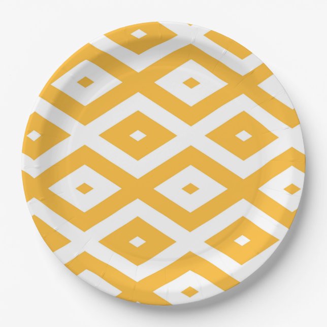 Sunny yellow and white diamond pattern paper plate (Front)