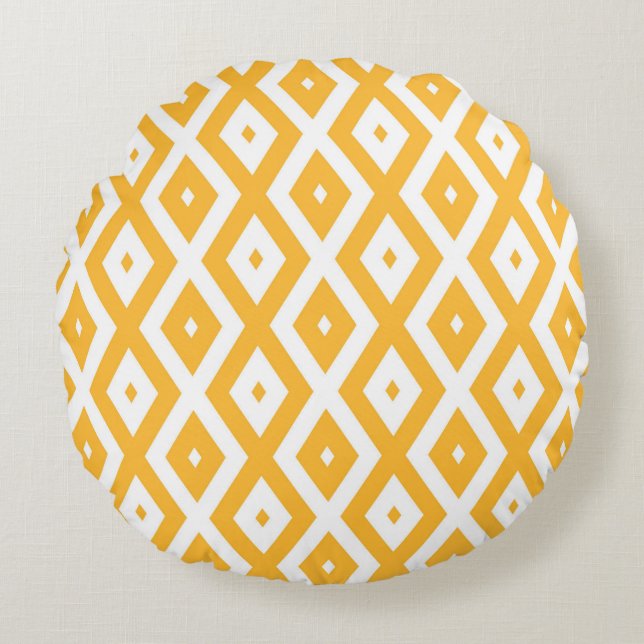 Sunny yellow and white diamond pattern round cushion (Front)
