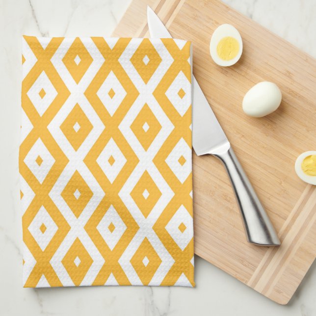 Sunny yellow and white diamond pattern tea towel (Quarter Fold)