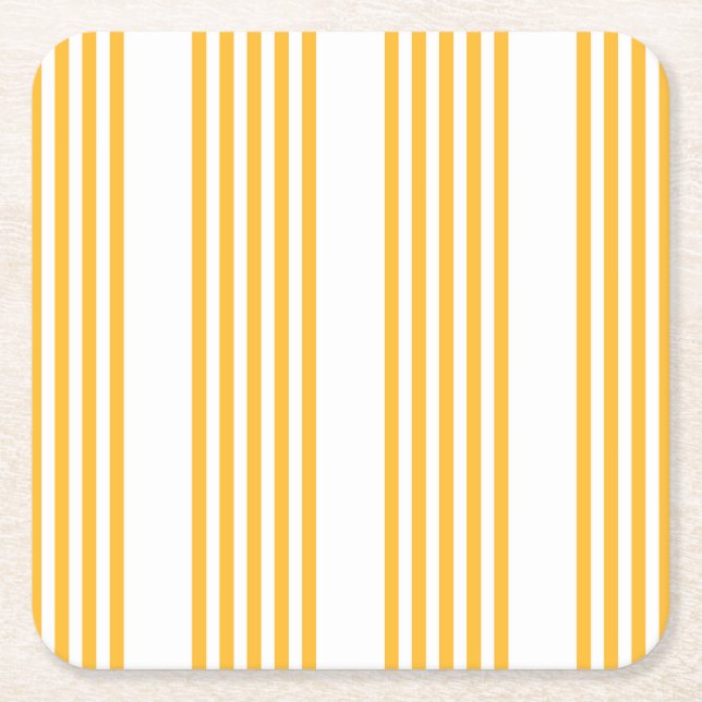 Sunny yellow and white five stripe pattern square paper coaster (Front)