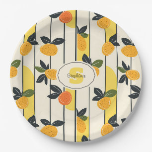 Sunny Yellow Citrus Fruit Print with Green Leaves Paper Plate