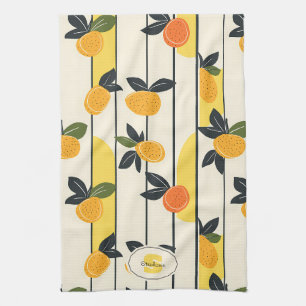 Sunny Yellow Citrus Fruit Print with Green Leaves Tea Towel