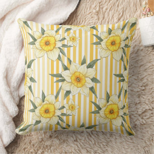 Sunny Yellow Daffodil Floral Stripe Pattern Cushion
