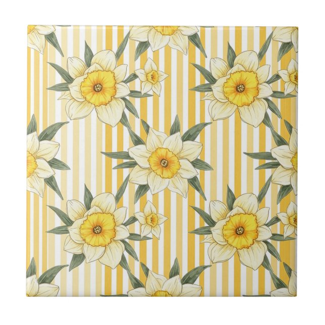 Sunny Yellow Daffodil Floral Stripe Pattern Tile (Front)