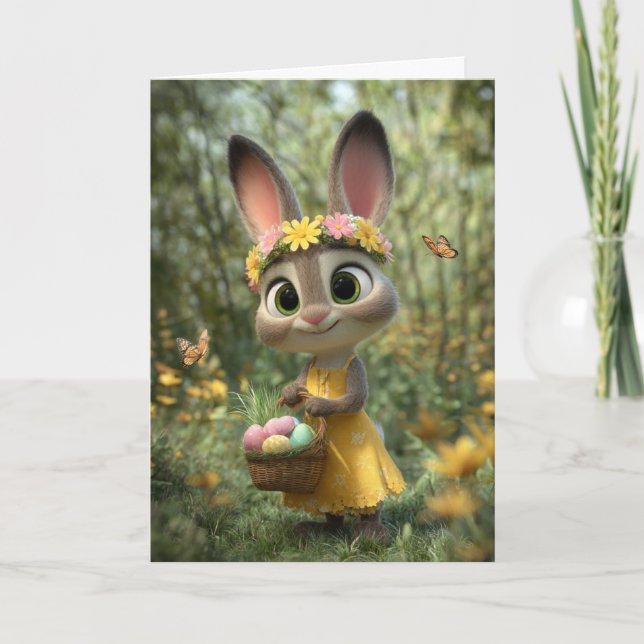 Sunny Yellow Dress Bunny with Easter Basket Card (Front)