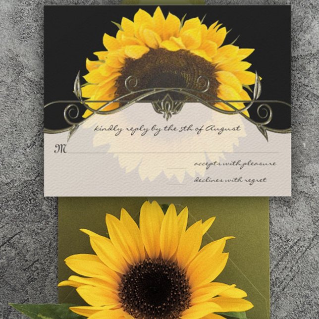 Sunny Yellow Elegance Sunflower Black  RSVP Card (Creator Uploaded)