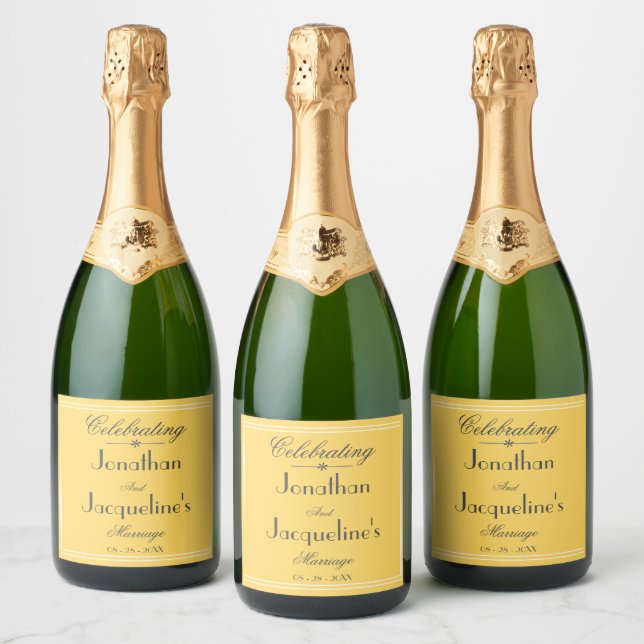 Sunny Yellow Elegant Script Names Simple Wedding  Sparkling Wine Label (Bottles)