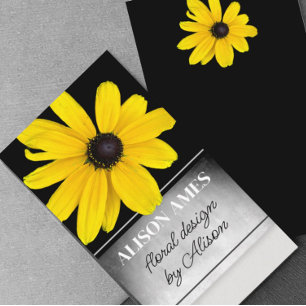 sunny yellow flower floral design on black  business card
