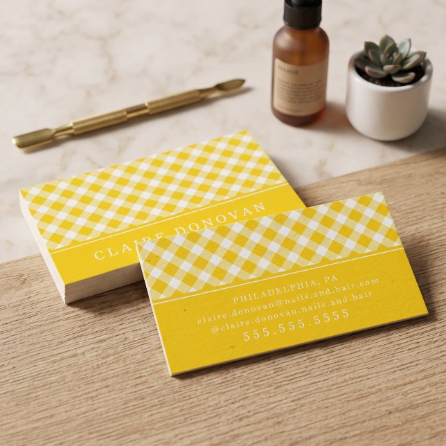 Sunny Yellow Gingham Business Card (Simulated business cards on table)