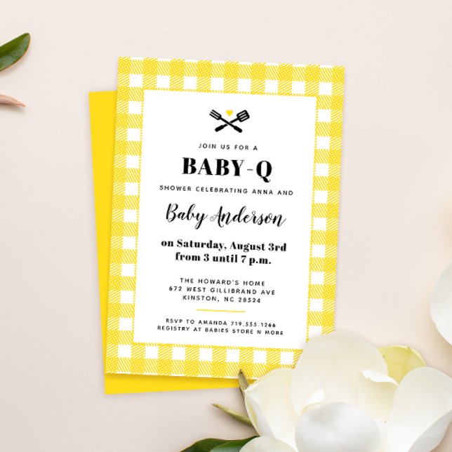 Sunny Yellow Gingham Plaid Baby Shower BBQ Invitation (Creator Uploaded)