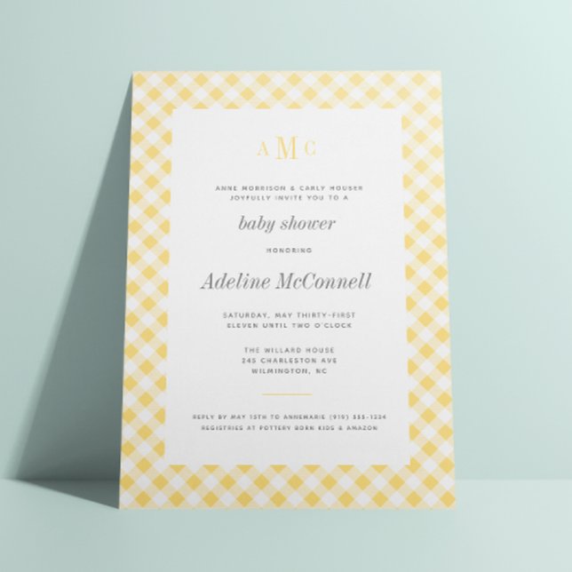 Sunny Yellow Gingham Traditional Baby Shower Invitation (Creator Uploaded)