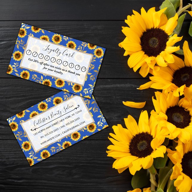 Sunny Yellow Gold Blue Sunflowers Leaves Pattern Loyalty Card (Creator Uploaded)
