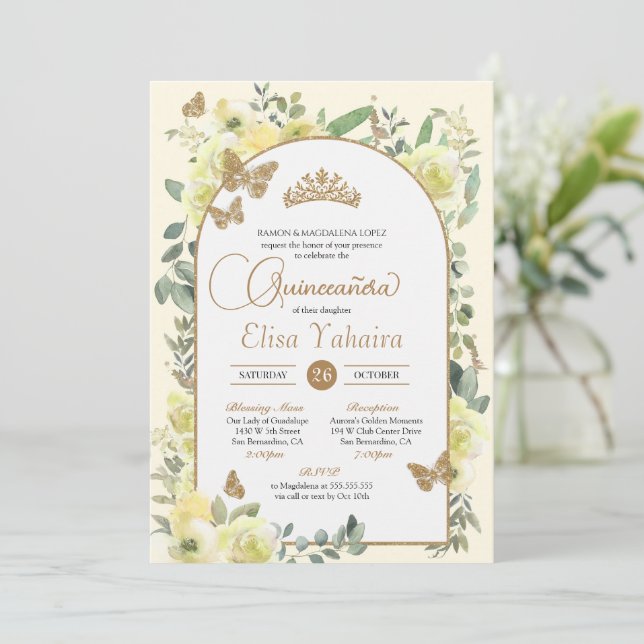 Sunny Yellow Gold Butterfly Watercolor Quinceañera Invitation (Standing Front)