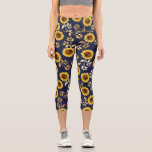 Sunny Yellow Gold Navy Sunflowers Leaf Watercolor Capri Leggings<br><div class="desc">The design depicts an elegant and chic floral pattern is perfect for the summer season. it features a yellow and brown watercolor painted sunflower pattern with faux printed gold foil leaves on top of a simple navy blue background. This print is trendy, country, and modern.***IMPORTANT DESIGN NOTE: For any custom...</div>