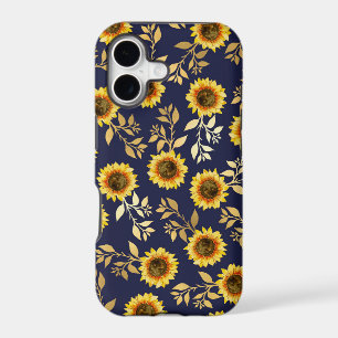 Sunny Yellow Gold Navy Sunflowers Leaves Pattern