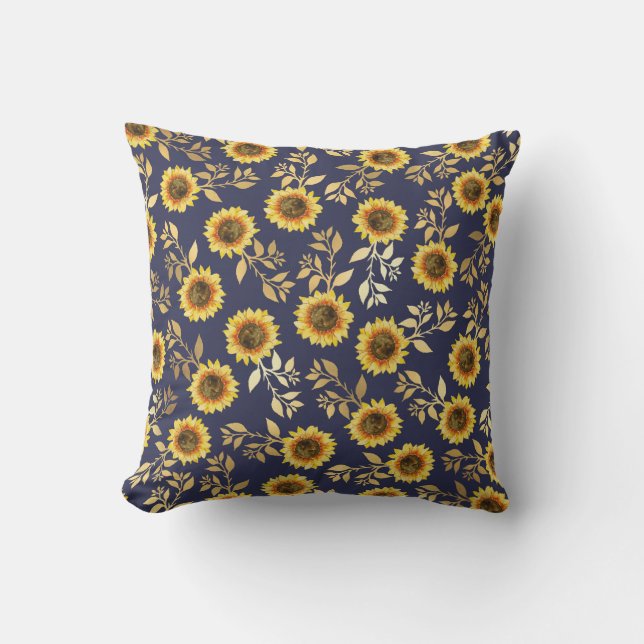 Sunny Yellow Gold Navy Sunflowers Leaves Pattern Cushion (Front)