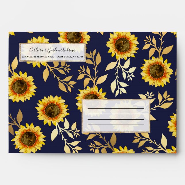 Sunny Yellow Gold Navy Sunflowers Leaves Pattern Envelope (Front)