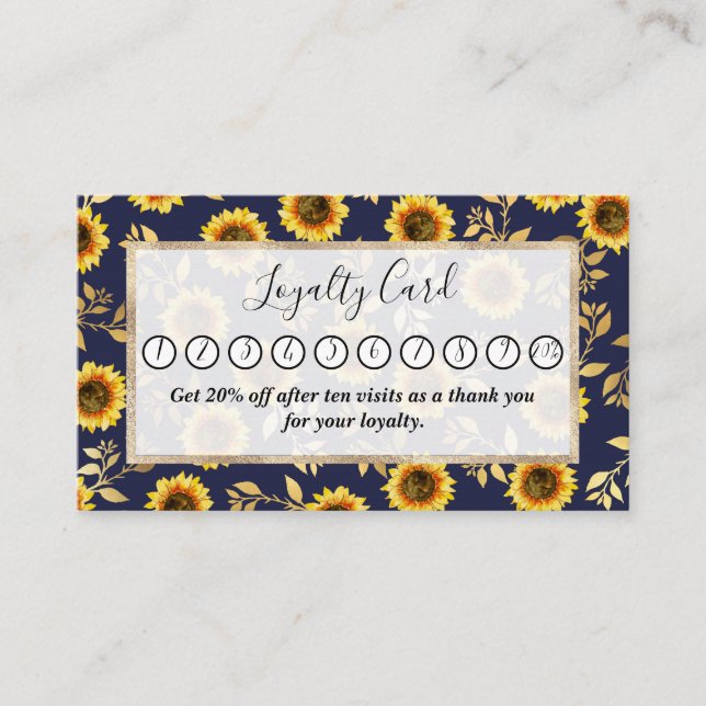 Sunny Yellow Gold Navy Sunflowers Leaves Pattern Loyalty Card (Front)