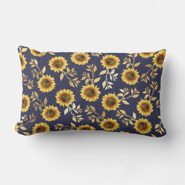 Sunny Yellow Gold Navy Sunflowers Leaves Pattern Lumbar Cushion (Front)