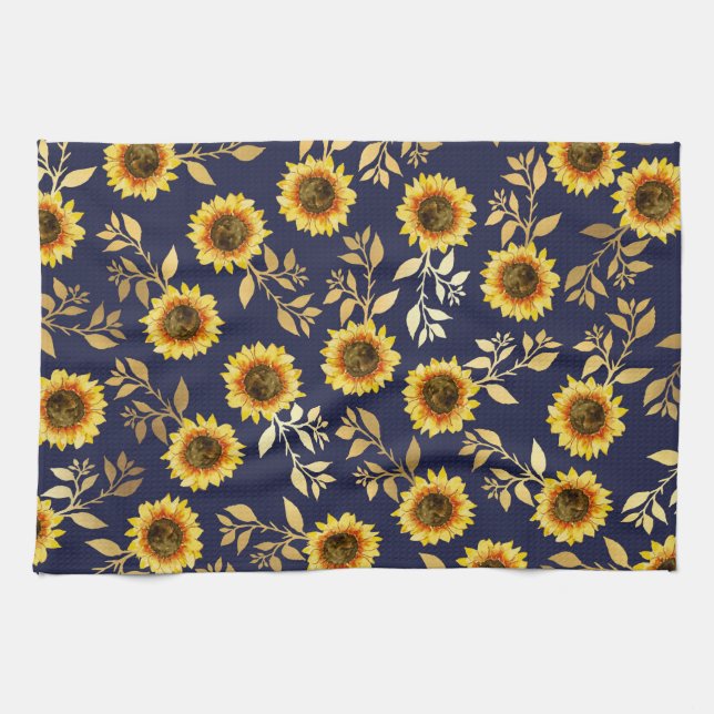 Sunny Yellow Gold Navy Sunflowers Leaves Pattern Tea Towel (Horizontal)