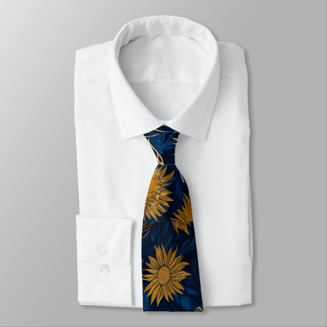 Sunny Yellow Gold Navy Sunflowers Leaves Pattern Tie (Tied)