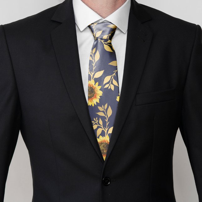 Sunny Yellow Gold Navy Sunflowers Leaves Pattern Tie (Creator Uploaded)