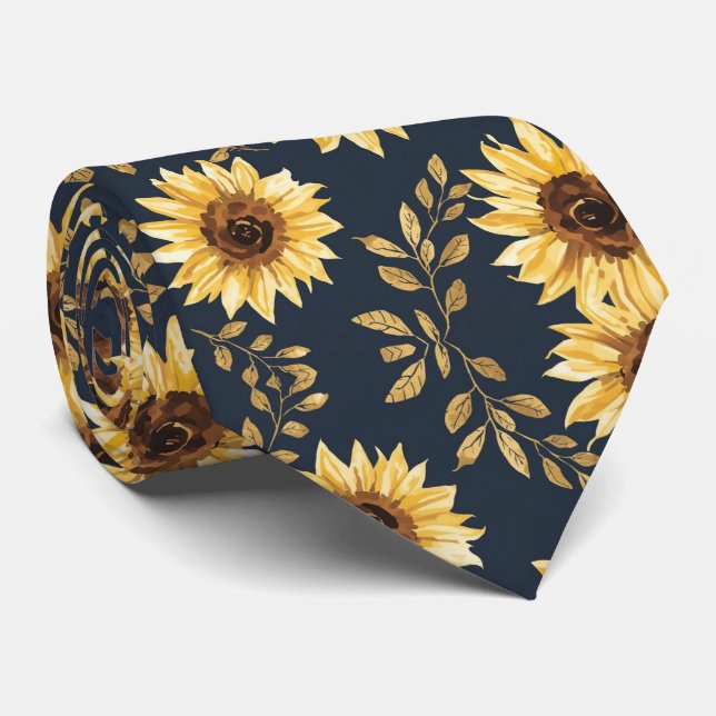 Sunny Yellow Gold Navy Sunflowers Leaves Pattern Tie (Rolled)