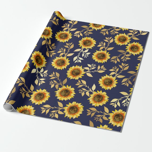 Sunny Yellow Gold Navy Sunflowers Leaves Pattern Wrapping Paper (Unrolled)