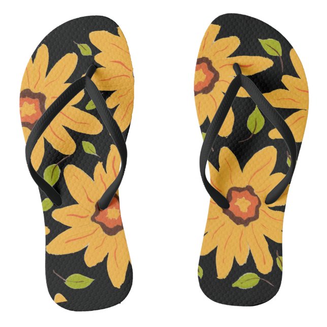 Sunny Yellow Hand-Painted Daisy Flower on Black Jandals (Footbed)