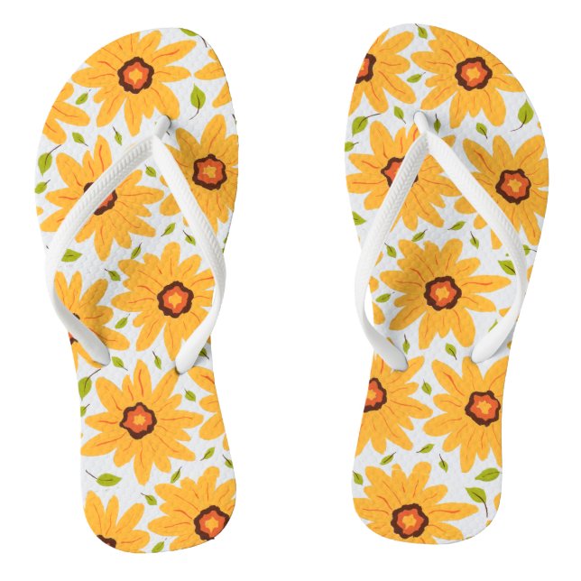 Sunny Yellow Hand-Painted Daisy Flower on White Jandals (Footbed)