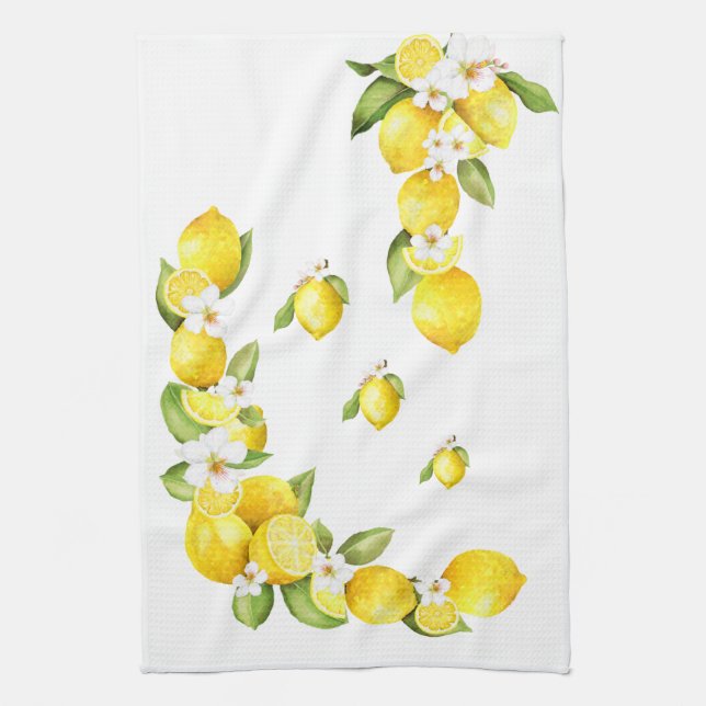 Sunny Yellow Lemons with White Blossoms Tea Towel (Vertical)