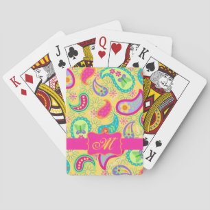 Sunny Yellow Modern Paisley Pattern Monogram Playing Cards