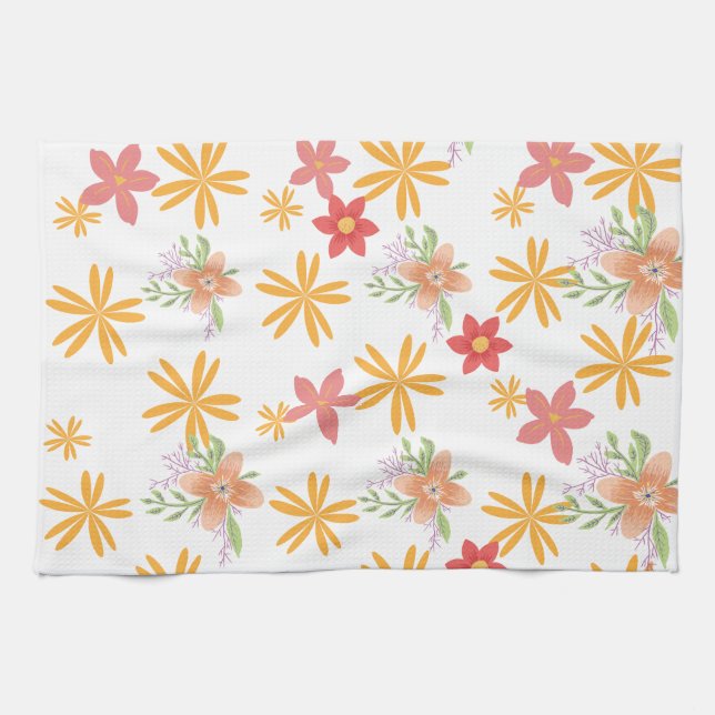 Sunny Yellow & Pink Daisy Floral Pattern  Tea Towel (Horizontal)