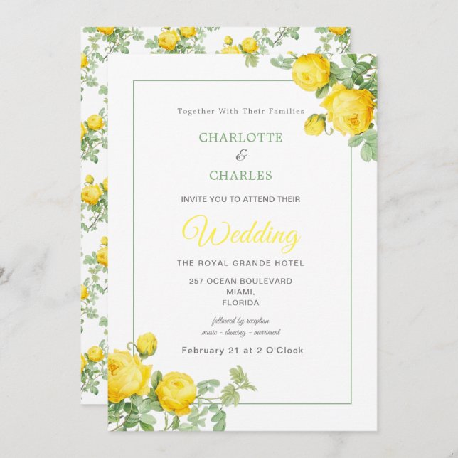 Sunny Yellow Roses Elegant Floral Wedding Invitation (Front/Back)