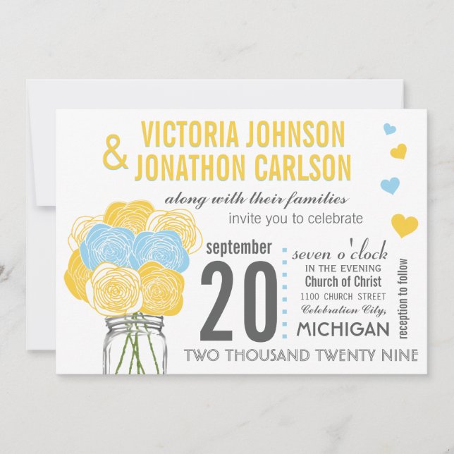 Sunny Yellow Sky Blue  Floral Modern Typography Invitation (Front)