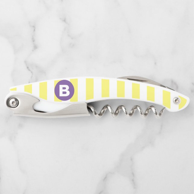 Sunny Yellow Striped Purple Monogram Corkscrew (Front)