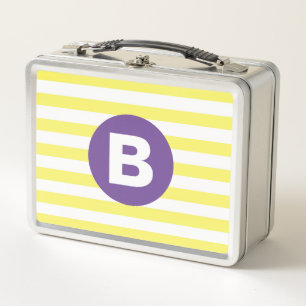 Sunny Yellow Striped Purple Monogram Metal Lunch Box