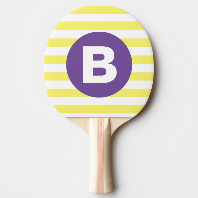 Sunny Yellow Striped Purple Monogram Ping Pong Paddle (Front)