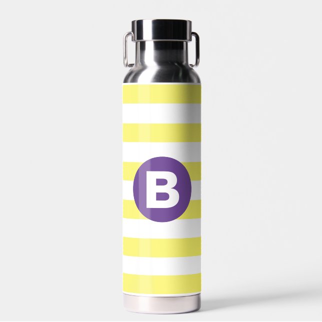 Sunny Yellow Striped Purple Monogram Water Bottle (Front)