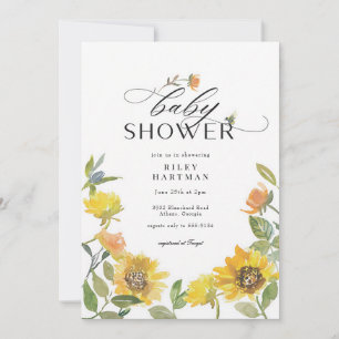 Sunny Yellow Sunflower Bee Baby Shower Invitation