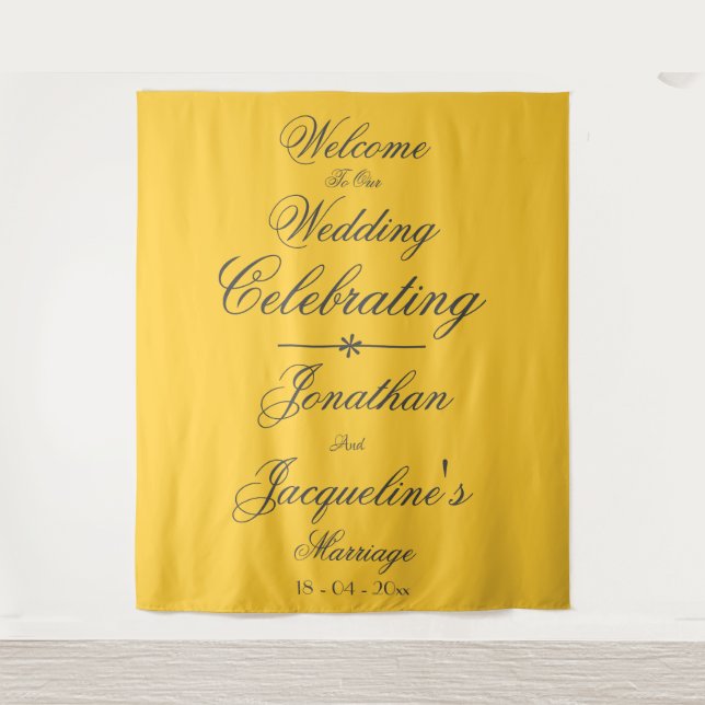 Sunny Yellow Wedding Elegant Black Script Welcome Tapestry (Front)