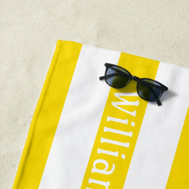 Sunny Yellow White | Cabana Stripes Personalised Beach Towel (In Situ)