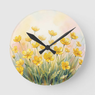 Sunny Yellow Wildflower Watercolor Round Clock