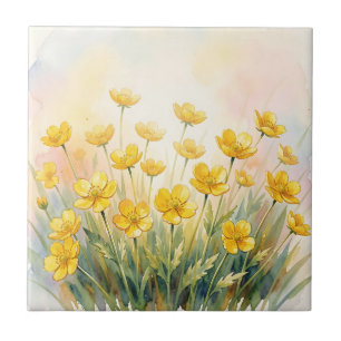 Sunny Yellow Wildflower Watercolor Tile