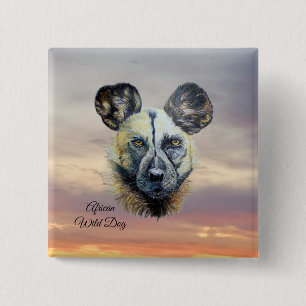 Sunrise African Wild Dog Endangered Original Art 15 Cm Square Badge