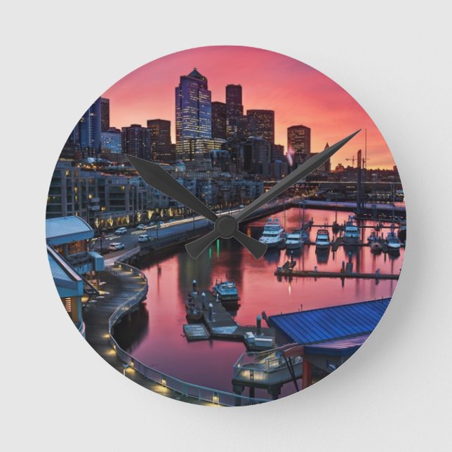 Sunrise at pier 66 looking down on bell harbour round clock (Front)