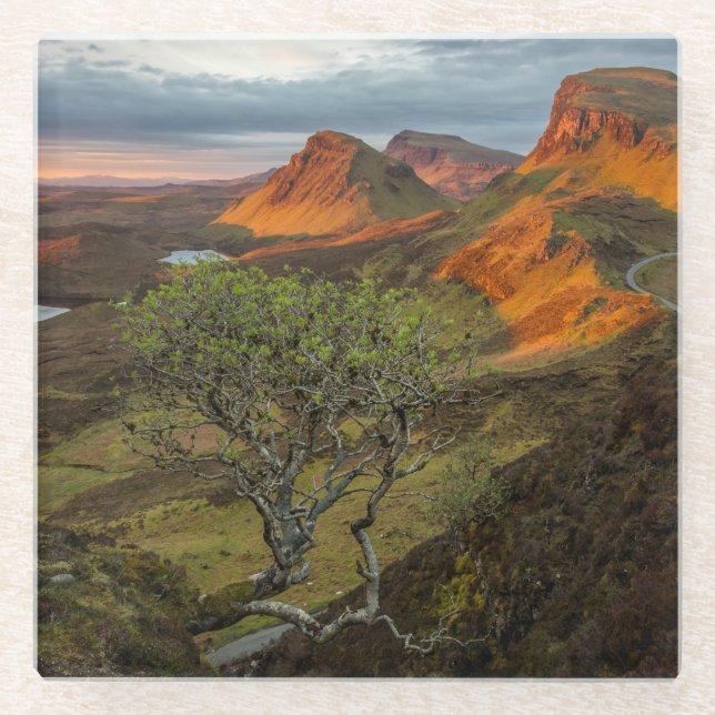 Sunrise at Quiraing mountains on Skye, Scotland Glass Coaster (Front)