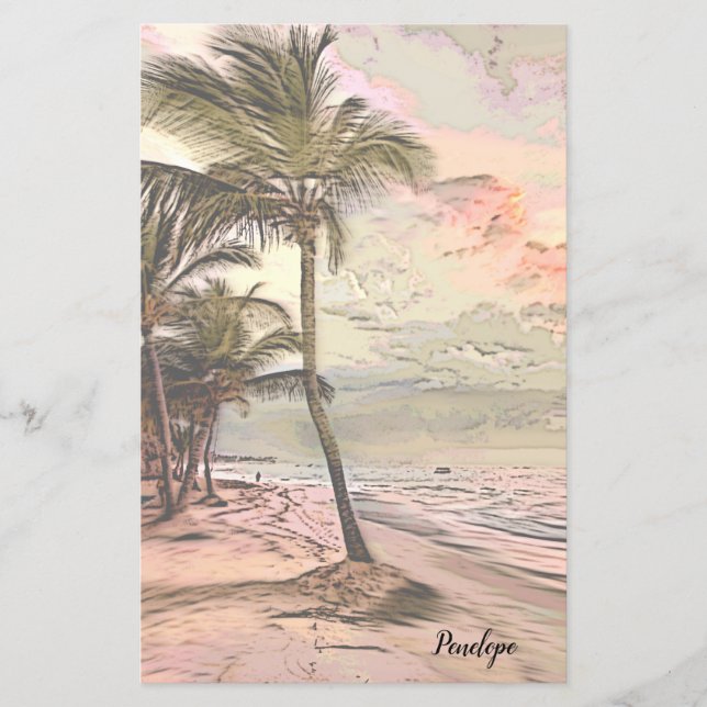 Sunrise Beach with Palm Trees and Name Stationery (Front)