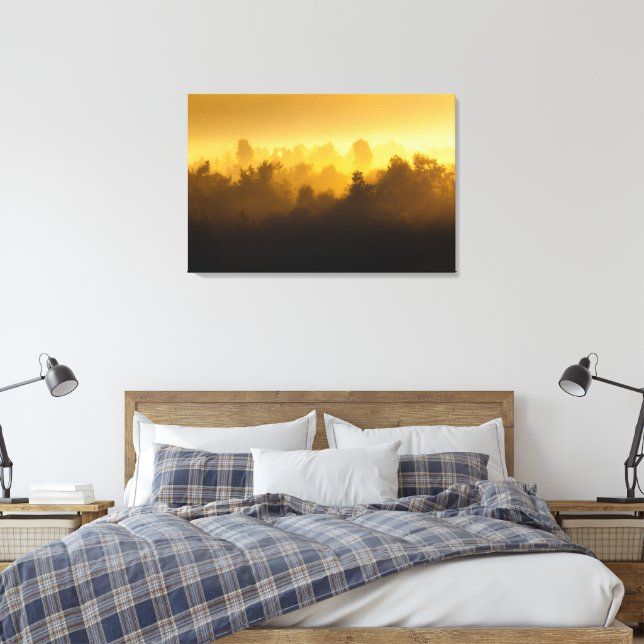 Sunrise behind foggy trees canvas print (Insitu(Bedroom))